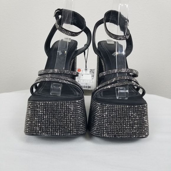 Zara Black Rhinestone Studded Platform Retro Y2K Strappy Blogger Fave Pumps Sz 8 - Picture 2 of 12